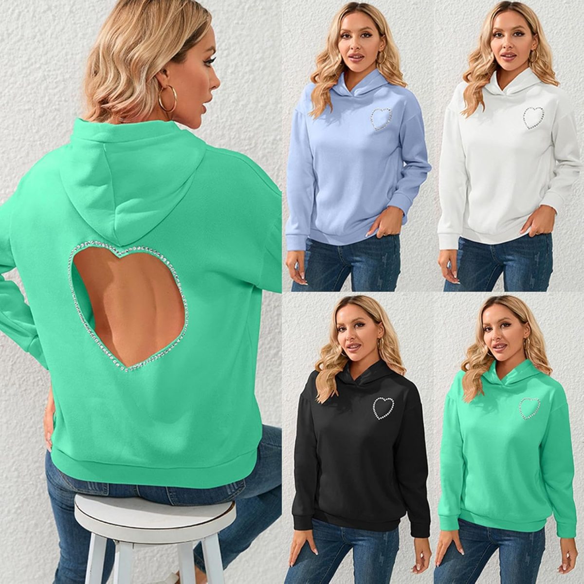 ⁦Women's Fashion Rhinestone Sweatshirt Autumn Winter Solid Color Personality Back Hollow Rhinestone Pullover Hoodies Color2 XL⁩ - الصورة ⁦3⁩