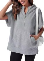 Chahuer Women's Oversize Hooded Sweatshirt Summer Solid Color Casual Loose Half Zipper Pocket Short Sleeve Hoodies gray XL