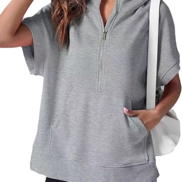Chahuer Women's Oversize Hooded Sweatshirt Summer Solid Color Casual Loose Half Zipper Pocket Short Sleeve Hoodies gray XL
