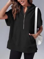 ⁦Chahuer Women's Oversize Hooded Sweatshirt Summer Solid Color Casual Loose Half Zipper Pocket Short Sleeve Hoodies gray XL⁩ - الصورة ⁦4⁩