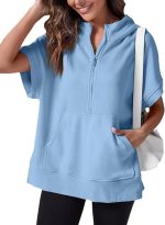 Chahuer Women's Oversize Hooded Sweatshirt Summer Solid Color Casual Loose Half Zipper Pocket Short Sleeve Hoodies sky blue L