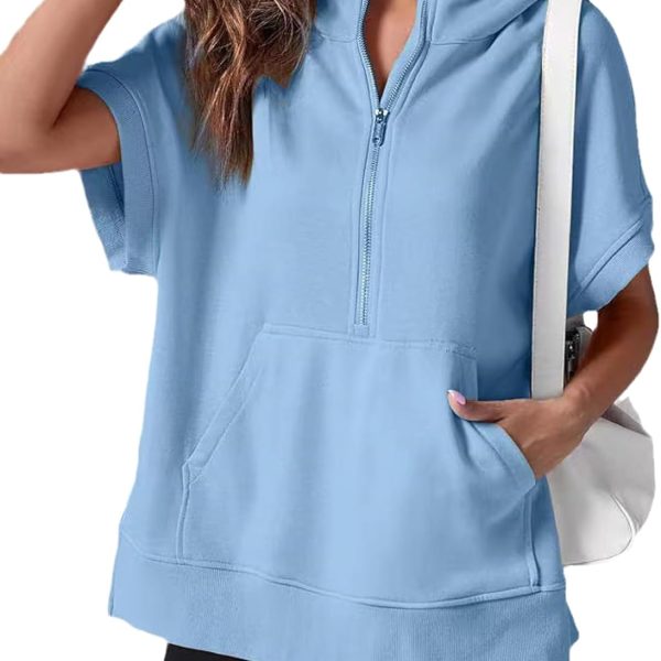 Chahuer Women's Oversize Hooded Sweatshirt Summer Solid Color Casual Loose Half Zipper Pocket Short Sleeve Hoodies sky blue L