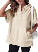 Chahuer Women's Oversize Hooded Sweatshirt Summer Solid Color Casual Loose Half Zipper Pocket Short Sleeve Hoodies apricot S