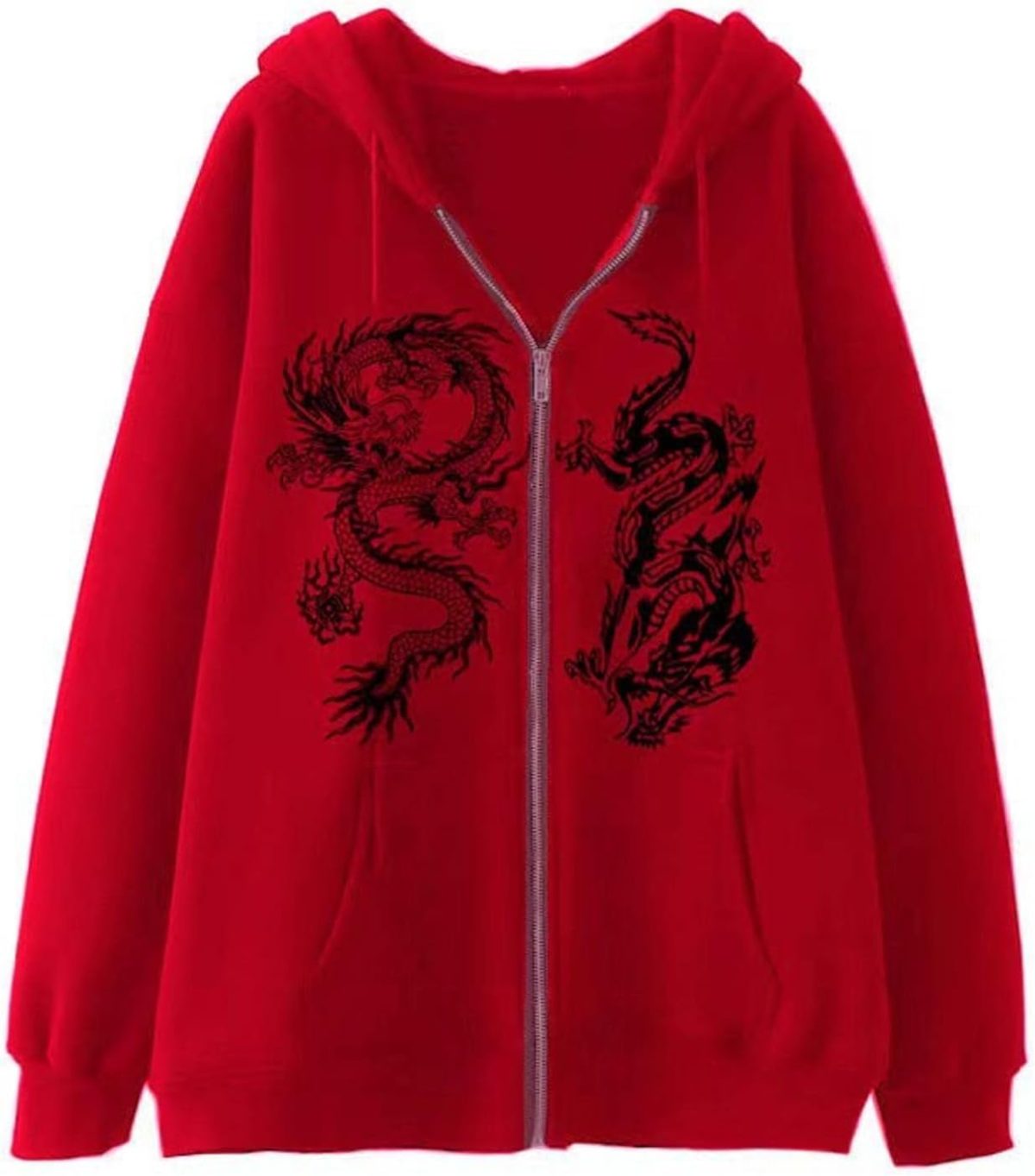 ⁦Women's Dragon Print Zipper Sweatshirt Fashion Hip Hop Sports Hoodie Autumn And Winter New Loose Fleece Jacket red 1 4XL⁩ - الصورة ⁦1⁩