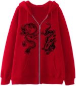 Women's Dragon Print Zipper Sweatshirt Fashion Hip Hop Sports Hoodie Autumn And Winter New Loose Fleece Jacket red 1 4XL