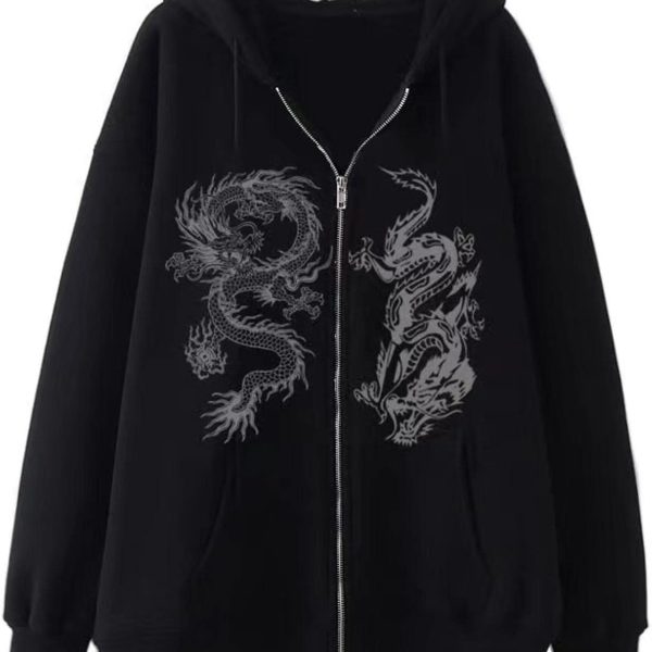 Women's Dragon Print Zipper Sweatshirt Fashion Hip Hop Sports Hoodie Autumn And Winter New Loose Fleece Jacket black 3XL