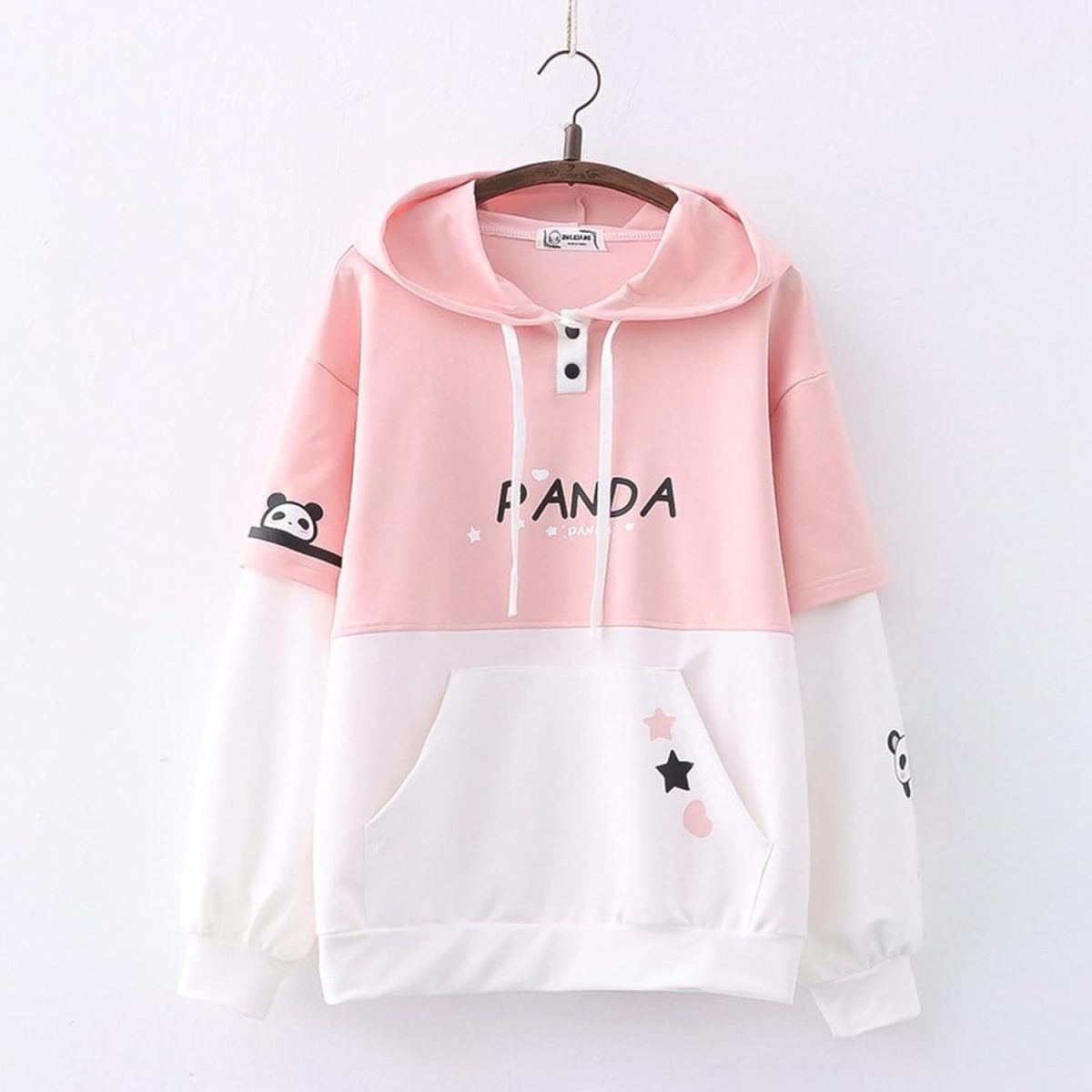 ⁦SHINsuke Women Kawaii Panda Hoodies Cute Long Sleeve Anime Preppy Sweatshirts Fall Drawstring Loose Patchwork Pullover with Pocket, Pink, One Size⁩ - الصورة ⁦3⁩