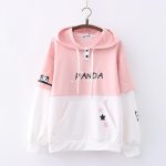 ⁦SHINsuke Women Kawaii Panda Hoodies Cute Long Sleeve Anime Preppy Sweatshirts Fall Drawstring Loose Patchwork Pullover with Pocket, Pink, One Size⁩ - الصورة ⁦3⁩