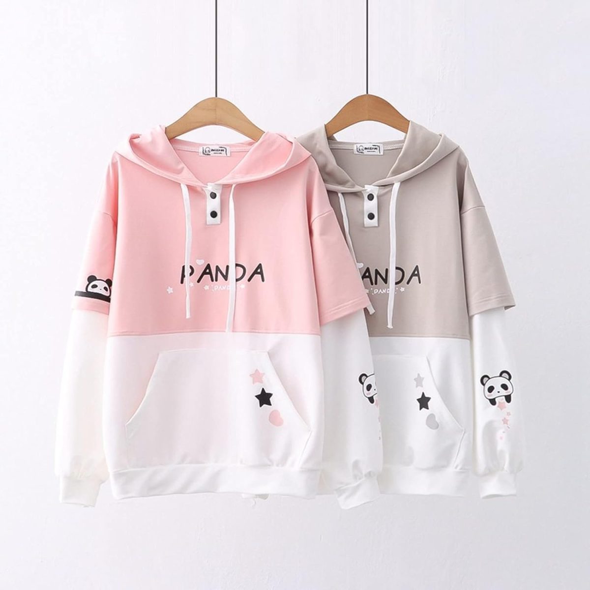 ⁦SHINsuke Women Kawaii Panda Hoodies Cute Long Sleeve Anime Preppy Sweatshirts Fall Drawstring Loose Patchwork Pullover with Pocket, Pink, One Size⁩ - الصورة ⁦5⁩