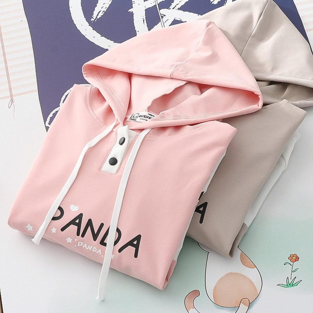 ⁦SHINsuke Women Kawaii Panda Hoodies Cute Long Sleeve Anime Preppy Sweatshirts Fall Drawstring Loose Patchwork Pullover with Pocket, Pink, One Size⁩ - الصورة ⁦7⁩