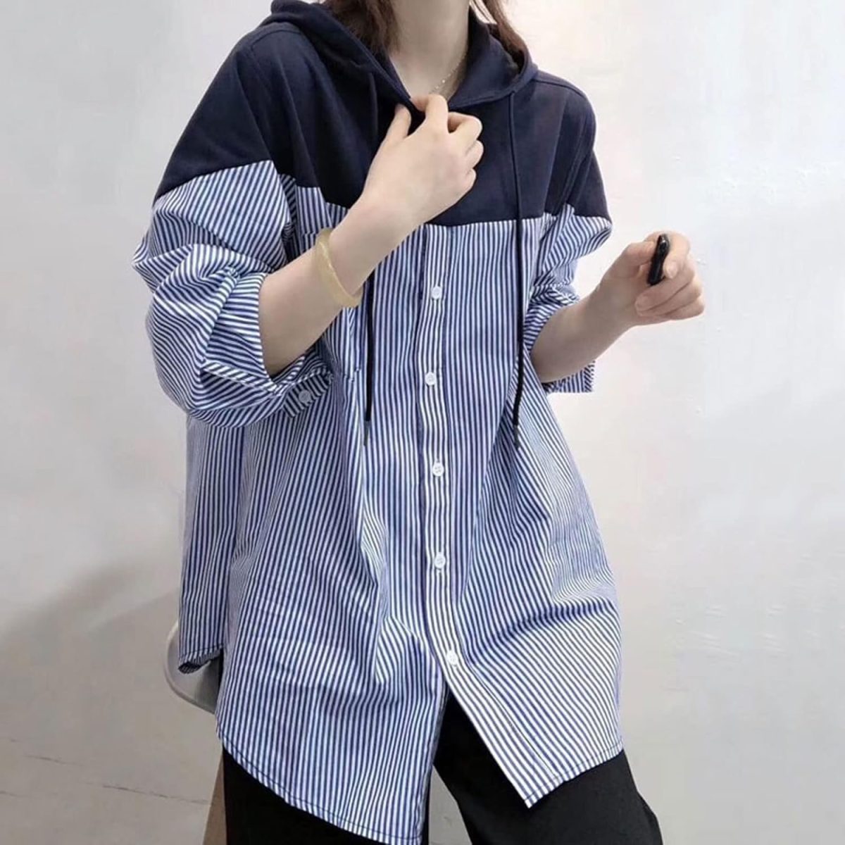 ⁦BOLKA Fall Shirts Autumn Style Loose Hoodies Women Drawstring Tops Hooded Striped Stitching Shirt Female Sweatshirts Pleasure (Size : XL)⁩ - الصورة ⁦4⁩