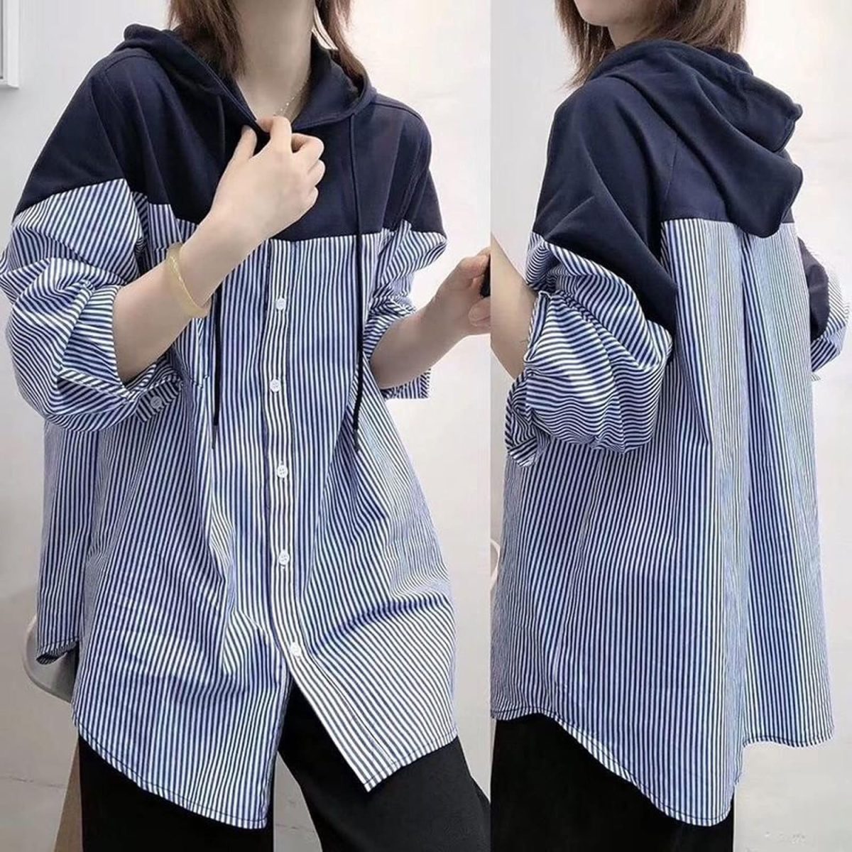 ⁦BOLKA Fall Shirts Autumn Style Loose Hoodies Women Drawstring Tops Hooded Striped Stitching Shirt Female Sweatshirts Pleasure (Size : XL)⁩ - الصورة ⁦5⁩