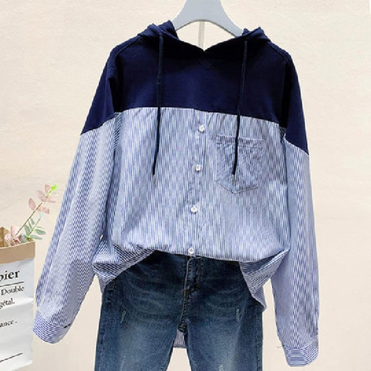 ⁦BOLKA Fall Shirts Autumn Style Loose Hoodies Women Drawstring Tops Hooded Striped Stitching Shirt Female Sweatshirts Pleasure (Size : XL)⁩ - الصورة ⁦6⁩