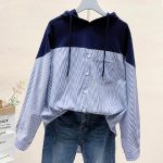⁦BOLKA Fall Shirts Autumn Style Loose Hoodies Women Drawstring Tops Hooded Striped Stitching Shirt Female Sweatshirts Pleasure (Size : XL)⁩ - الصورة ⁦6⁩