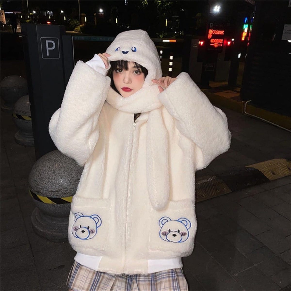 ⁦BOLKA Fall Cardigan For Women Lamb Wool Kawaii Bear Embroidery Hoodie Zipper Thickened Warm Hooded Sweatshirt Women's Loose Top (Color : Blue, Size : M)⁩ - الصورة ⁦3⁩