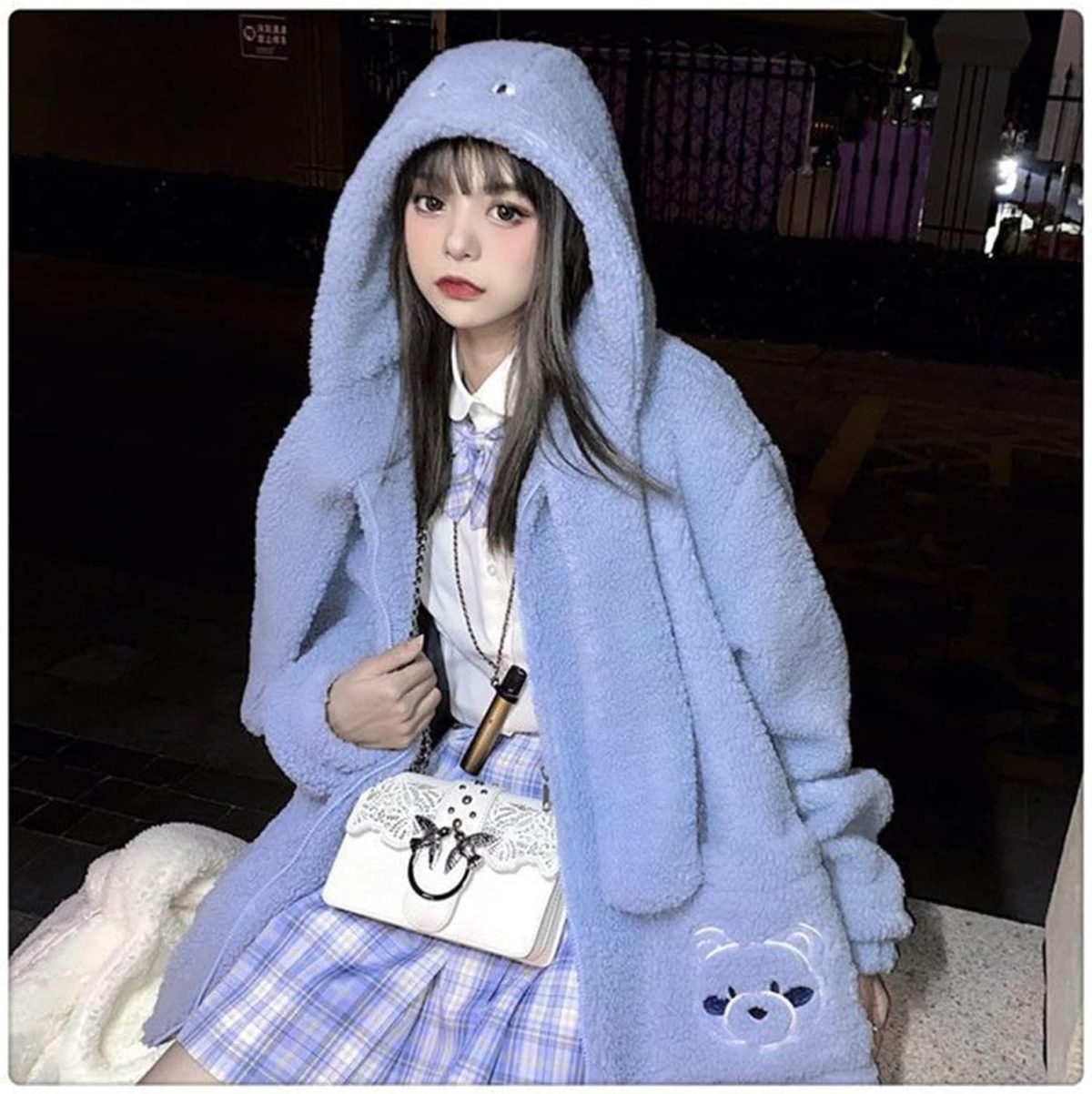 ⁦BOLKA Fall Cardigan For Women Lamb Wool Kawaii Bear Embroidery Hoodie Zipper Thickened Warm Hooded Sweatshirt Women's Loose Top (Color : Blue, Size : M)⁩ - الصورة ⁦4⁩