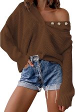⁦hsTrjz-MaXj Knitted Hoodie for Women,Casual V Neck Sweater Button Pullover Basic Long Sleeve Sweatshirt,Off The Shoulder Shirt Tops⁩ - الصورة ⁦2⁩