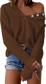 ⁦hsTrjz-MaXj Knitted Hoodie for Women,Casual V Neck Sweater Button Pullover Basic Long Sleeve Sweatshirt,Off The Shoulder Shirt Tops⁩ - الصورة ⁦3⁩