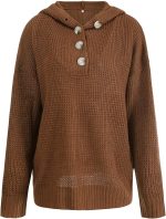 ⁦hsTrjz-MaXj Knitted Hoodie for Women,Casual V Neck Sweater Button Pullover Basic Long Sleeve Sweatshirt,Off The Shoulder Shirt Tops⁩ - الصورة ⁦6⁩