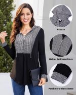 ⁦Siddhe Pullover Women's Elegant Hoodie Zip Up Tunic Women's Long Sleeve Blouse Hoodie Tops Jumper with Hood Long Shirt Long Sweatshirt A-line Loose Tops, Houndstooth 3XL⁩ - الصورة ⁦5⁩