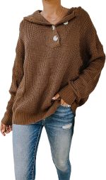 hsTrjz-MaXj Knitted Hoodie for Women,Casual V Neck Sweater Button Pullover Basic Long Sleeve Sweatshirt,Off The Shoulder Shirt Tops