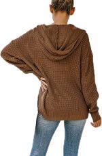 ⁦hsTrjz-MaXj Knitted Hoodie for Women,Casual V Neck Sweater Button Pullover Basic Long Sleeve Sweatshirt,Off The Shoulder Shirt Tops⁩ - الصورة ⁦4⁩