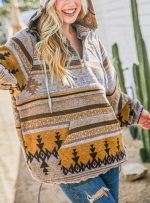 ⁦chouyatou Women's Tribal Aztec Print Hooded Half Zip Fuzzy Fleece Hoodie Sweatshirt Tops, Yellow, Large⁩ - الصورة ⁦3⁩
