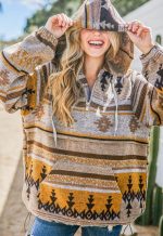 ⁦chouyatou Women's Tribal Aztec Print Hooded Half Zip Fuzzy Fleece Hoodie Sweatshirt Tops, Yellow, Large⁩ - الصورة ⁦4⁩