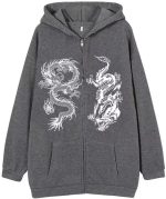 Chahuer Women's Dragon Print Zipper Sweatshirt Fashion Hip Hop Sports Hoodie Autumn And Winter New Loose Fleece Jacket dark gray XL