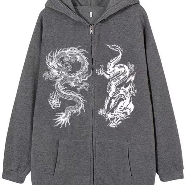 Chahuer Women's Dragon Print Zipper Sweatshirt Fashion Hip Hop Sports Hoodie Autumn And Winter New Loose Fleece Jacket dark gray XL