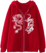 Chahuer Women's Dragon Print Zipper Sweatshirt Fashion Hip Hop Sports Hoodie Autumn And Winter New Loose Fleece Jacket red XXL