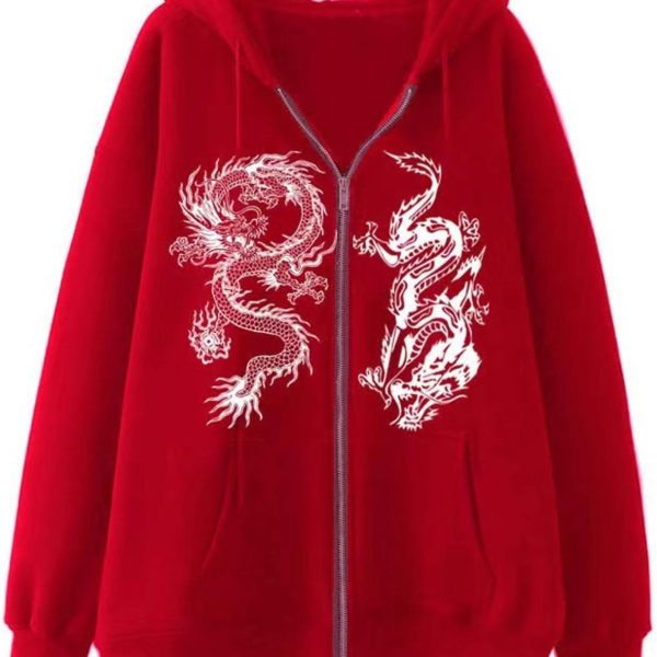 Chahuer Women's Dragon Print Zipper Sweatshirt Fashion Hip Hop Sports Hoodie Autumn And Winter New Loose Fleece Jacket red XXL