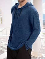 ⁦SEAUR Mens Hoodie Pullover Sweatshirts with Henley Collar Long Sleeve Drawstring Button Down Hoodie Soild Color⁩ - الصورة ⁦5⁩