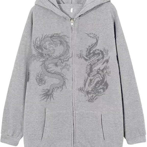 Chahuer Women's Dragon Print Zipper Sweatshirt Fashion Hip Hop Sports Hoodie Autumn And Winter New Loose Fleece Jacket gray L