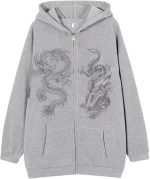 Chahuer Women's Dragon Print Zipper Sweatshirt Fashion Hip Hop Sports Hoodie Autumn And Winter New Loose Fleece Jacket gray S