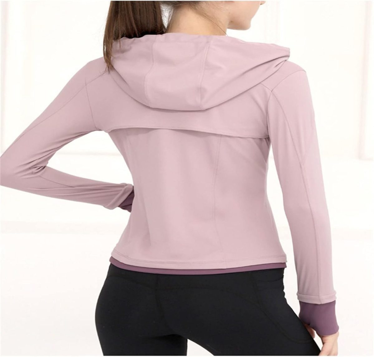 ⁦TOEE Women Sweatshirts Women's Loose Running Jacket Long Sleeve Yoga Shirts With Zipper Thumb Holes Casual Elastic Sport Coat Top Gym Sports Hoodies (Color : Black, Size : X-Large)⁩ - الصورة ⁦6⁩