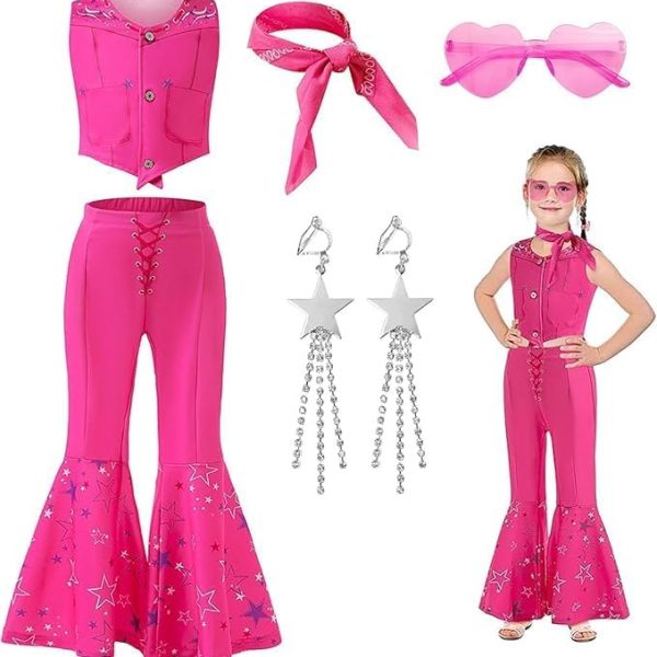 Home Smart Cowgirl Costume for Girls Pink Western Cowgirl Suit Princess Costume with Pant Top Bow Tie and Glasses Ideal Gift for Birthday