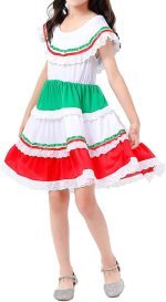 ⁦IKADEX Girls Mexican Dress Flounce Collar Rainbow Striped Cinco de Mayo Día de Muertos Dress⁩ - الصورة ⁦3⁩