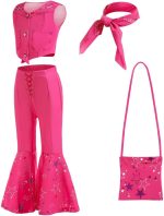 ⁦Goodern Girls Hot Pink Cowgirl Costume,Sleeveless Top Flare Pants Kids Cosplay Costume Set,Kids Disco Outfits Movie Dress up for Halloween Birthday Party Stage for Girls Aged 4-12⁩ - الصورة ⁦6⁩