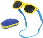 HANNEA® UV400 Kids Sunglasses for Boys Girls Aged 6-12, Sunglasses for Kids with Box, Blue Silicone Rope, Fashion Yellow Frame and Blue Legs Goggles, Polarizing Gray Sheet