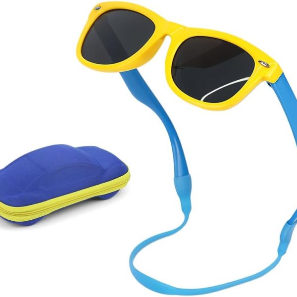 HANNEA® UV400 Kids Sunglasses for Boys Girls Aged 6-12, Sunglasses for Kids with Box, Blue Silicone Rope, Fashion Yellow Frame and Blue Legs Goggles, Polarizing Gray Sheet