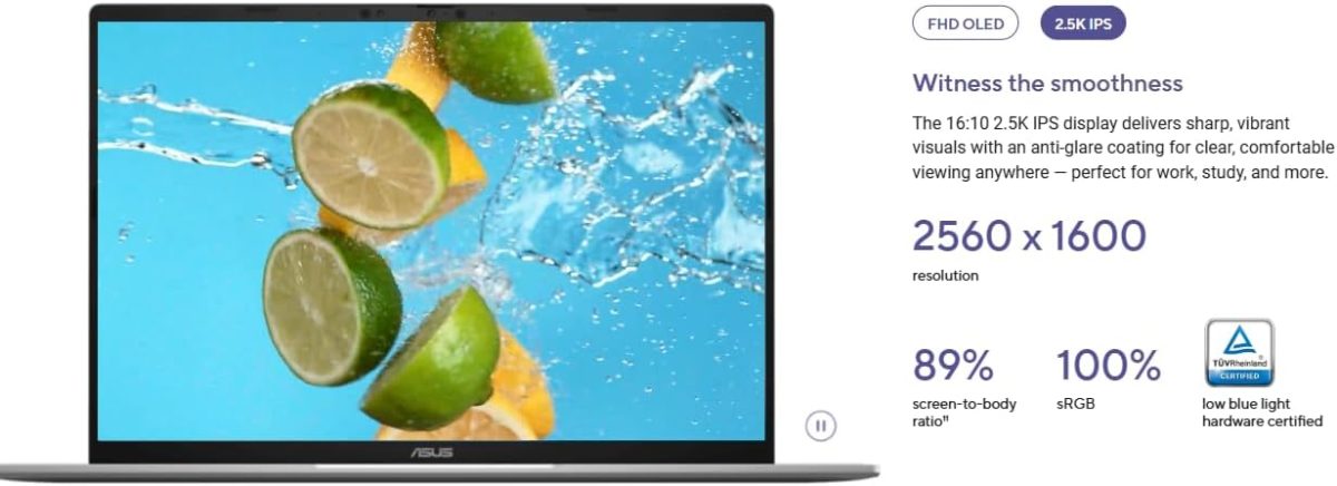 ⁦ASUS Vivobook S16" 2.5K +144Hz S3607QA-PL018W, Qualcomm Snapdragon X1 Up to 45TOPS,16GB RAM DDR5,1TB M.2 NVMe PCIe, FHD CAM, AR-EN Backlit Keyboard,TYPE-C, 65W Adapter, WIN 11, Aluminum Gray⁩ - الصورة ⁦5⁩
