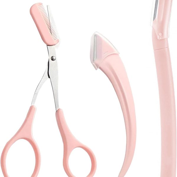 Bukela 3 Pcs Eyebrow Trimmer Set Lamination Kit with Comb Scissors Curved Straight Razors All in One Beauty Tools for Men Women Pink