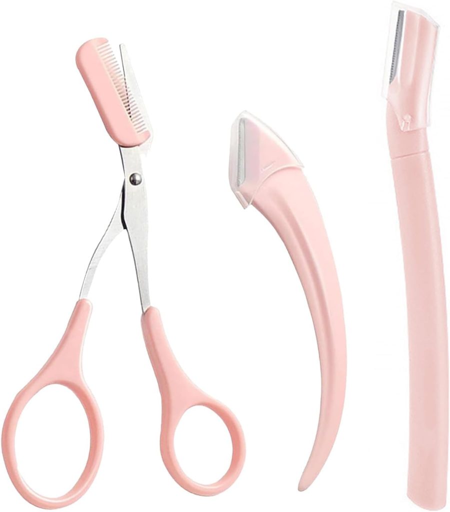 Bukela 3 Pcs Eyebrow Trimmer Set Lamination Kit with Comb Scissors Curved Straight Razors All in One Beauty Tools for Men Women Pink