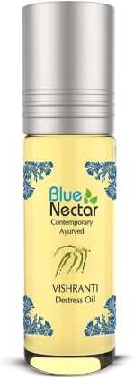 Blue Nectar Vishranti Migraine and Headache Relief Oil Roll on and Meditation Oil with Cinnamon, Clove, Ginger, Mint Essential Oils and 9 Ayurvedic Herbs, 100% Natural - 9 ml