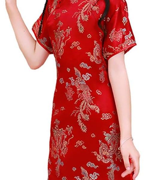 Girls Chinese Qipao Dress Dragon Pattern Short Sleeve Cheongsam Costume for Birthday Party Wedding