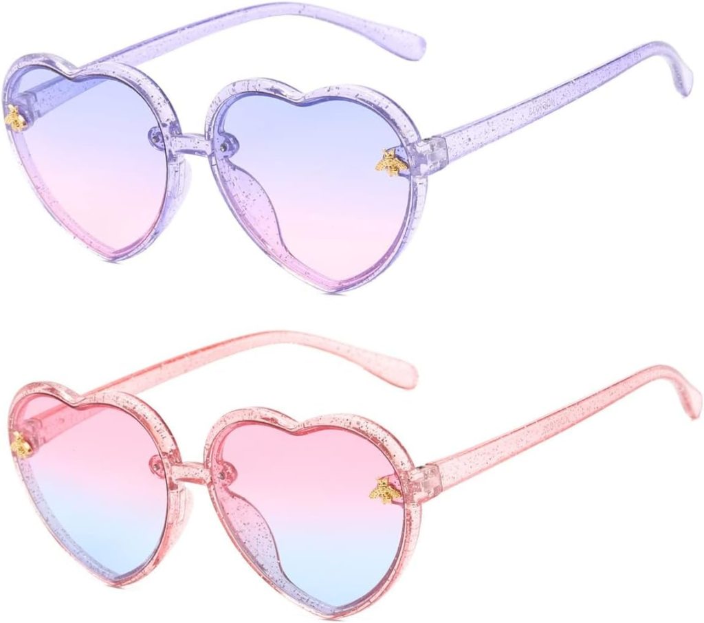 X spring Heart-shaped Sunglasses, 2 PCS Cute Bee Frame UV400 Protection Sunglasses for Kids, Fashion Heart Shaped Glasses for Toddler Girls Boys Age 2-10, Lightweight Gradient Lens