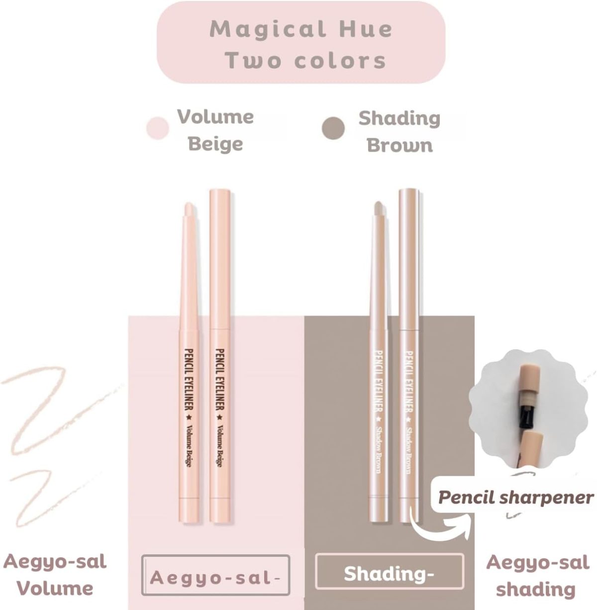 ⁦Produco [thebom] AegyoSal Eyeliner Under-Eye Enhancing Pencil Highlighter Eye Makeup (2set) (Volume Beige + Shadow Brown)⁩ - الصورة ⁦3⁩