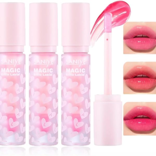 KASTWAVE 3Pcs Color Changing Hydrating Lip Oil Set, Pink Magic Mood Liquid Lipstick, High-Shine Clear Temperature Color Change Lip Stain Lip Balm, Long Lasting Nutritious Natural PH Color Change Lip