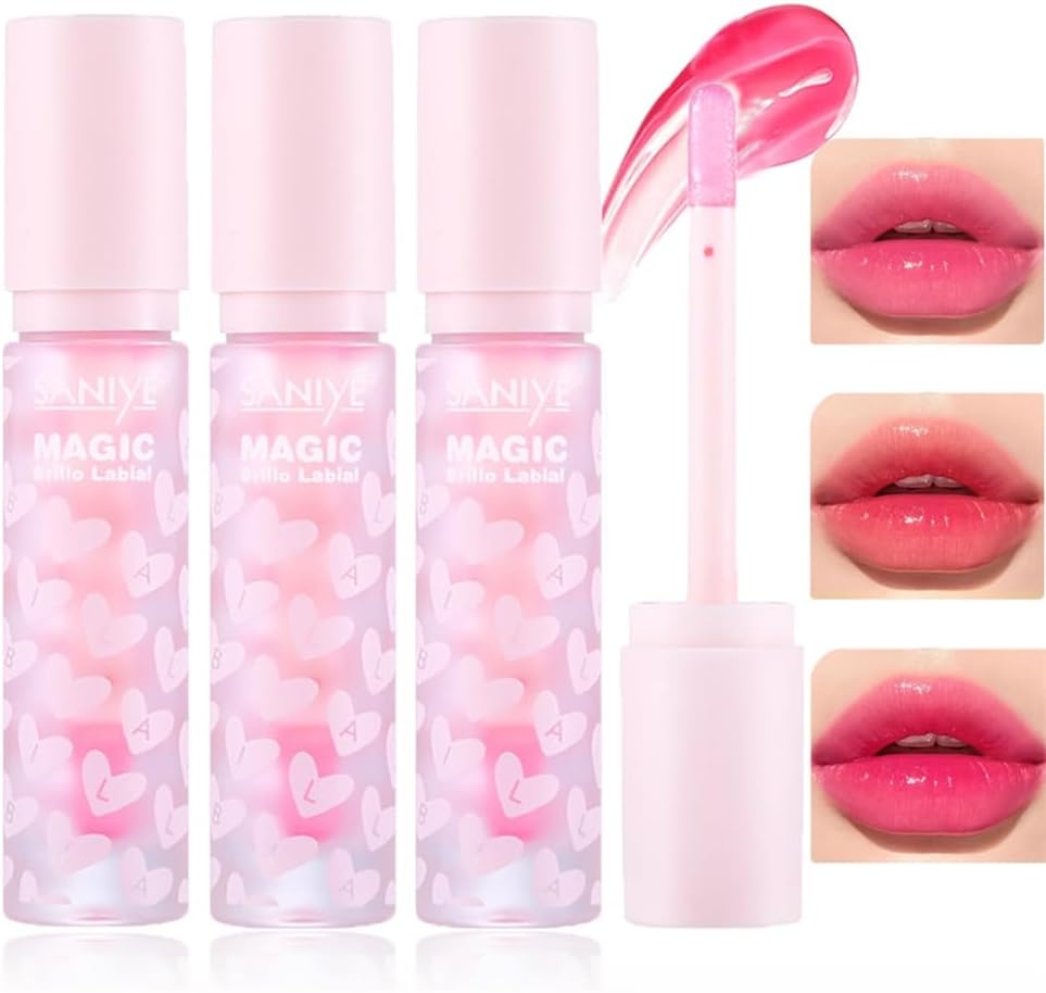 KASTWAVE 3Pcs Color Changing Hydrating Lip Oil Set, Pink Magic Mood Liquid Lipstick, High-Shine Clear Temperature Color Change Lip Stain Lip Balm, Long Lasting Nutritious Natural PH Color Change Lip